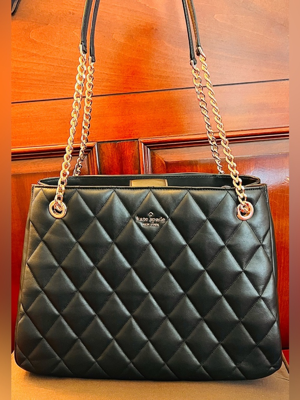 kate spade Black Quilted Shoulder Bag with Gold Chain large tote bag